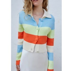 Zara Polo Collar Ribbed Cardigan Striped Colorblock Cotton Size Large